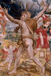 flamsk billedvev. Serien The Spheres. Hercules som støtter himmelsfæren (Hércules sostiene la esfera celeste). Første billedvev i serien. Modell Barend van Orley eller Pieter Coecke van Aelst. 1525-1530. Produsere Joris Vezeleer (Georg Wezeler)?,