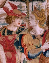 flamsk billedvev. Serien The Spheres. Hercules som støtter himmelsfæren (Hércules sostiene la esfera celeste). Første billedvev i serien. Modell Barend van Orley eller Pieter Coecke van Aelst. 1525-1530. Produsere Joris Vezeleer (Georg Wezeler)?,