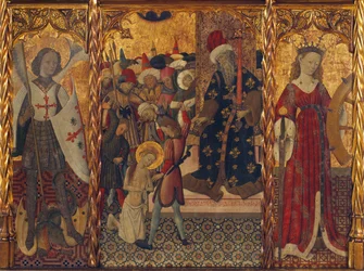 Den hellige Mikael og den hellige Katarina, innrammer martyrdøden til den hellige Eulalia av Barcelona (289-304) - Maleri av Bernat Martorell (1390-1452), tempera på tre (143,5x188 cm), ca. 1442-1445 - Den hellige Michael, den helliges martyrdom Eulalia og