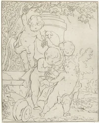 Fire putti som plukker druer ved en vase