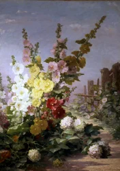 Sommerblomster med stokkroser og hortensia. Maleri av Berthe Costadau (1800-tallet). Privat samling.