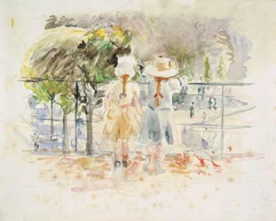 To små jenter på en balustrade ved innsjøen i Jardin des Tuileries, Paris