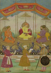 Mughal-keiser Akbar (ca. 1605) (i midten) Symbolsk overføre kronen fra sin sønn Jahangir til hans barnebarn Shah Jahan (1627-1658) ca. 1630