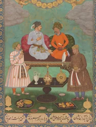 Jahangir underholder Shah Abbas fra St. Petersburg-albumet (detalj), ca. 1620 (akvarell, gull, blekk på papir)
