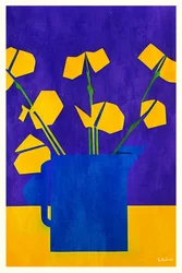 Gule blomster, blå krukke