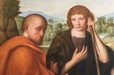 Tilbedelse av hyrdene Madonna med spedbarnet Jesus og to hyrder, detalj av 2384594