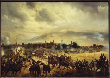 A Scene from the War of Independence in Hungary in 1849. (A Scene of The War of Independence in Hungary on 1849). Maleri av Gottfried (Bogdan Pavlovich) Willewalde (1818-1903), olje på tre
