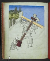 Legg til 24189, f.11v, The assembly of Christ's Cross, fra fire forskjellige tresorter, avbildet i forskjellige farger, fra 'Picture Book of Sir John Mandeville's Travels', ca.1410 (vellum)
