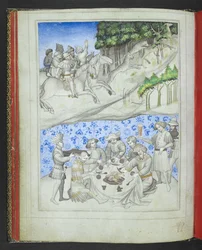 Legg til 24189, f.5v, Rekreasjon på Kypros med, over, en hjortejakt med leoparder og, under, en fest, fra 