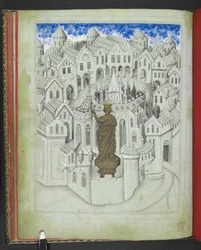 Legg til 24189, f.9v, Byen Konstantinopel, med en stor statue av keiser Justinian stående foran katedralen St. Sophia, fra 'Picture Book of Sir John Mandeville's Travels', ca.1410 (vellum)