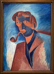 Røyking (selvportrett). Maleri av Bohumil Kubista (1884-1918), Olje på lerret 1910. Tsjekkisk kunst 20. århundre. Veletrzni-palasset (Messepalasset), Praha (Tsjekkia).