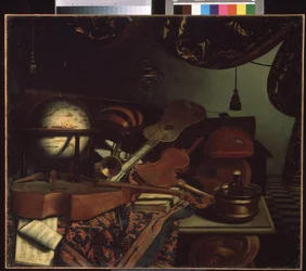 ""Still life with musical instruments"" (Still life with musical instruments) Globus, fløyte, partitur, fiol, gitar. Maleri av Bonaventura Bettera (1663-1718) 1715 Pushkin Museum, Moskva
