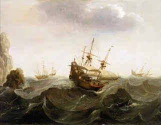 Et nederlandsk handelsskip til Øst-India lar to sildefiskebåter passere. Oljemaleri, midten av 1600-tallet, av Bonaventura Peeters (1614–1652).