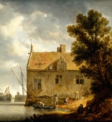 Utbyggere som reparerer et hus ved en elv