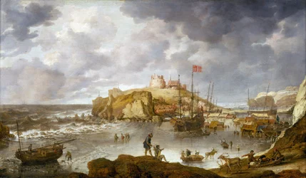 Havnen i Archangel (Russland), delvis frossen, med et skip som fører dansk flagg