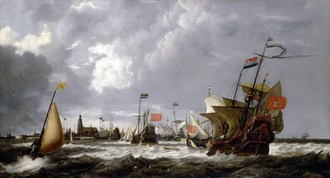 Skipene «Hercules» og «Eenhorn», utenfor kysten av Hoorn (Holland), med en beskrivelse av byen i horisonten. Olje på lerret.