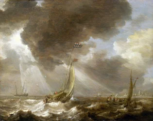 To nederlandske fiskebåter i brisen, lastet med passasjerer som de transporterer til byen, synlige i horisonten. Båtene bærer flagget til Amsterdams admiralitet.
