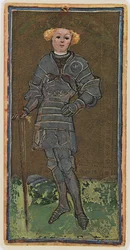 Sverdknekten, faksimile av et tarotkort fra «Visconti»-kortstokken, 1441-47