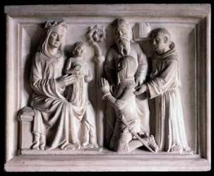 Jomfruen presenterer Jesus for tre personer (skulptur