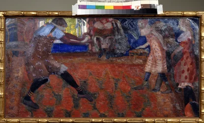 Colin Maillard (Blind's Man Buff). Barneleker i en teppebelagt stue. Verk av Boris Dmitryevich Grigoriev (1886-1939), tempera på papp
