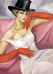 Kvinne med flosshatt - Maleri av Boris Dmitrievich Grigoriev (1886-1939) - Privat samling