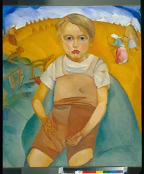 The socialite (portrett av sønnen) - Maleri av Boris Dmitryevich Grigoriev (1886-1939), olje på lerret (92x80 cm)