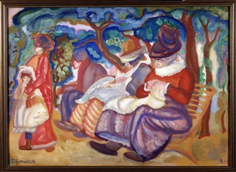 Sykepleiere i Bois de Boulogne (barnepiker i Bois de Boulogne). Grotesk representasjon av svært oppgitte kvinner og en mann, sittende på en benk foran trær, og stirrer på en liten jente som ble dratt et annet sted av sykepleieren hennes. Verk av Boris Dmit