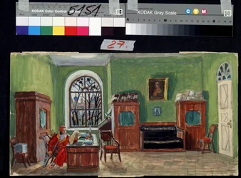 Decor preparatoire pour la piece de theater La mort de Pasukhin de Mikhail Saltykov-Shchedrin (Saltykov Shchedrin, Saltykov-Chtchedrine, Saltykov Chtchedrine) (1826-1889) (Scenedesign for teaterstykket Pasukhins død av M. Saltykow Schtschedrin). Oeu