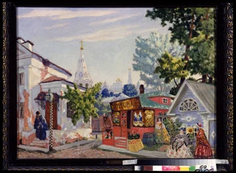 Decor preparatoire pour la piece de theater l'Argent Facile de Alexandre Ostrovski (1823-1886) (Scenedesign for teaterstykket The Easy Money av A. Ostrovsky). Oeuvre de Boris Michaylovich Kustodiev (Koustodiev) (1878-1927), gouache et tempera sur carto