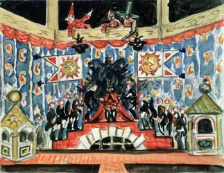 Dekor preparatoire pour la piece la puce de Evgueni (Ievgueni, Eugene, Evgeni) Zamiatine (1884-1937) (Scenedesign for stykket The Flea av E. Zamyatin). Oeuvre av Boris Michaylovich Kustodiev (Koustodiev) (1878-1927), tempera sur bois