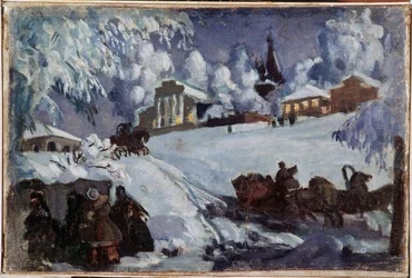 Vinter, sleder (Vinter. Kanefart). Maleri av Boris Michaylovich Kustodiev (Koustodiev) (1878-1927), olje på lerret, ca. 1920. Russisk kunst, tidlig på 1900-tallet. Privat samling.