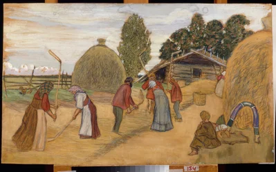Tresking av innhøstingen med slaglen (Threshing Floor) - Verk av Boris Michaylovich Kustodiev (Koustodiev) (1878-1927), pastell på papp, 59x100 cm