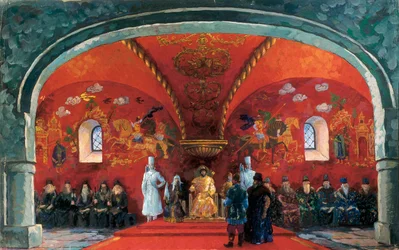 Representasjon av Boris Fyodorovich Godunov (1551-1605), tsar av Russland, dekor for teaterstykket "Boris Godunov" av Alexander Sergeyevich Pushkin (olje på lerret)