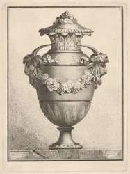 Design for en dekket vase med to geitehoder og en krans, 1764.