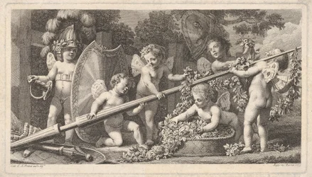Seks putti leker med armene til Mars, fire holder fast i en stor lanse, en til venstre ..., 1769.