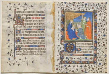 Bifolio fra en tidebok: Tilbedelse av de vise menn (recto)