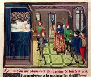 Ms 5089-90 The Death of King Dagobert I (c.603-639) fra Chroniques des Empereurs av David Aubert, 1462
