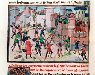 Ms 5089-90 The Siege of Jerusalem av de kristne under et av korstogene, fra Chroniques des empereurs av David Aubert, 1462