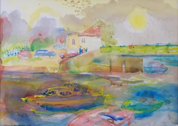 Village by the River, 1989 (wc på papir)