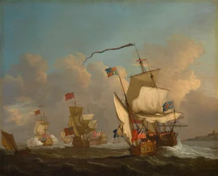 En kongelig yacht med en flåte som setter seg av gårde i en bris, ca. 1720 (olje på lerret)
