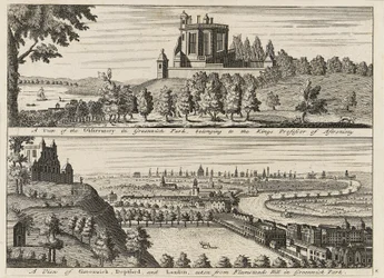#39;Utsikt over observatoriet i Greenwich Park ... [og] Utsikt over Deptford og London tatt fra Flamsteed Hill i Greenwich Park#39;, ca. 1750 (gravering)