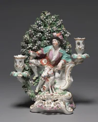Candelabrum with Shepherd and Dog, produsent Derby Porcelain Factory (Chelsea-Derby Period), ca. 1775 (myk-pasta porselen)