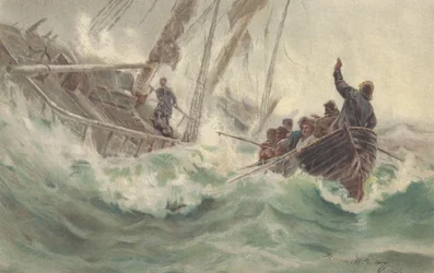 Kaptein og hans trofaste hund går ned med havarert skip, mens mannskapet rømmer (farge litho)