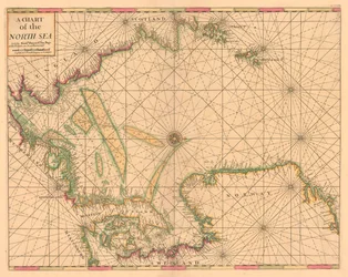 Kart over Nordsjøen: Norge til Doverstredet, ca. 1700 (farget gravering)