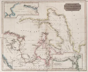 Diagram som viser oppdagelsene til Ross, Parry og Franklin i Arktis i perioden 1818–1827, ca. 1830 (farget gravering)