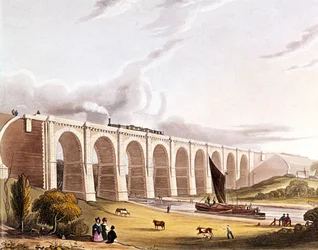 Industriell revolusjon: utsikt over jernbaneviadukten som krysser Sankey-dalen. Plate hentet fra "" Liverpool & Manchester Railway"", London 1832.