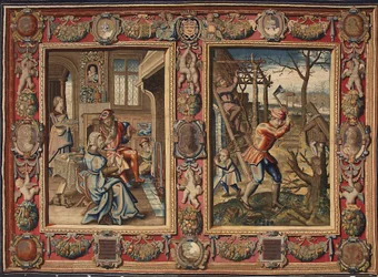 Januar og februar: "Et par ved bålet og en vedhogger"" Tapetet av produsentene til Mortlake. Genes fra 1600-tallet, Musei di Strada Nuova