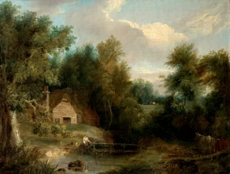 Landskap, hytte og en bekk med en figur og et hus (olje på lerret)
