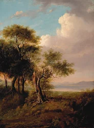 Landskap, trær i forgrunnen, innsjøer og åser i det fjerne (olje på lerret)