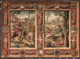 Mai og juni: «jakt og slått sauer». Billedteppe av manufakturene i Mortlake. Genes fra 1600-tallet, Musei di Strada Nuova.